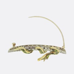 Antique Diamond and Demantoid Garnet Snake Crescent Brooch