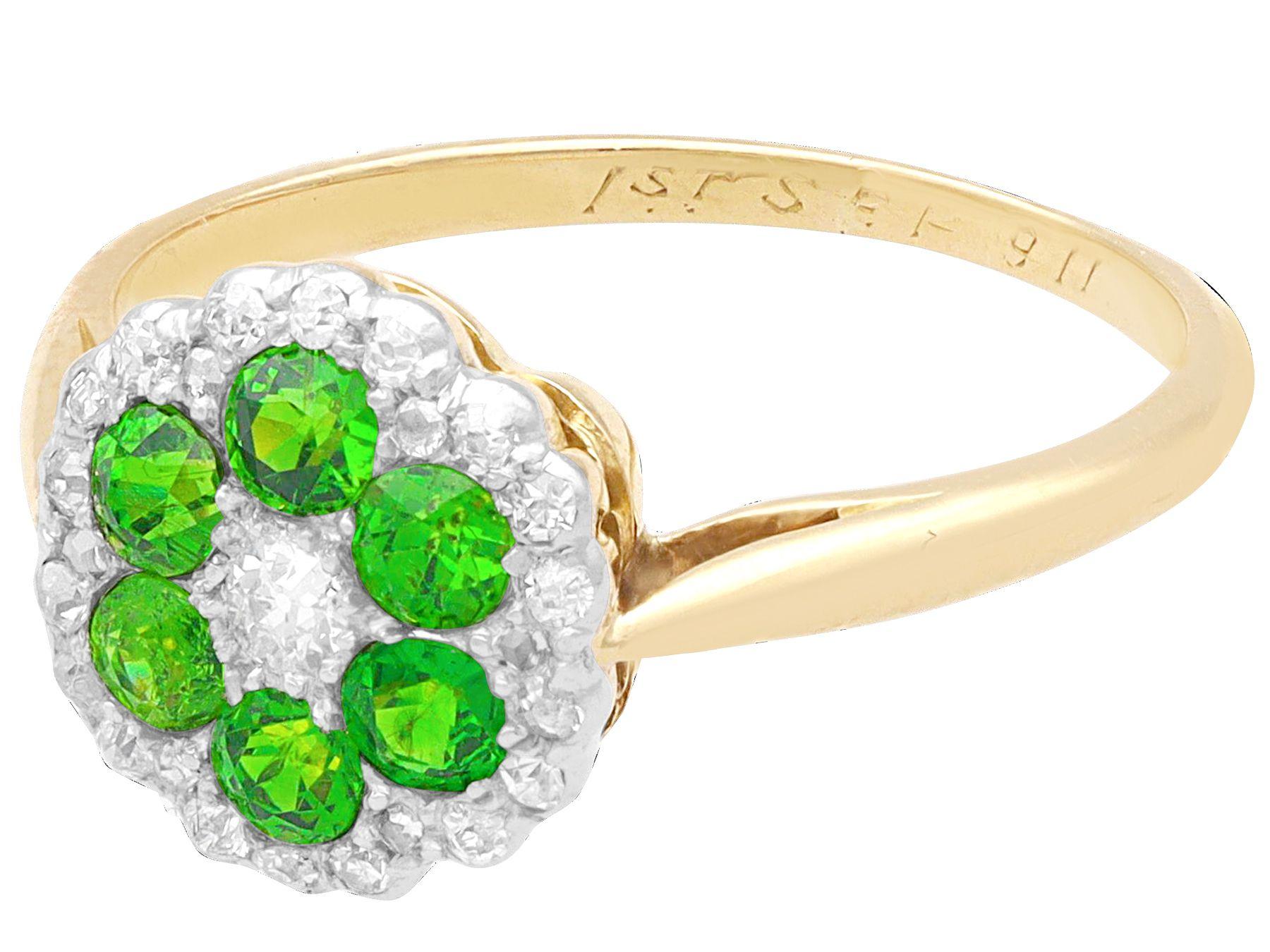 Round Cut Antique Diamond and Demantoid Garnet Yellow Gold Cocktail Ring Circa 1910 For Sale