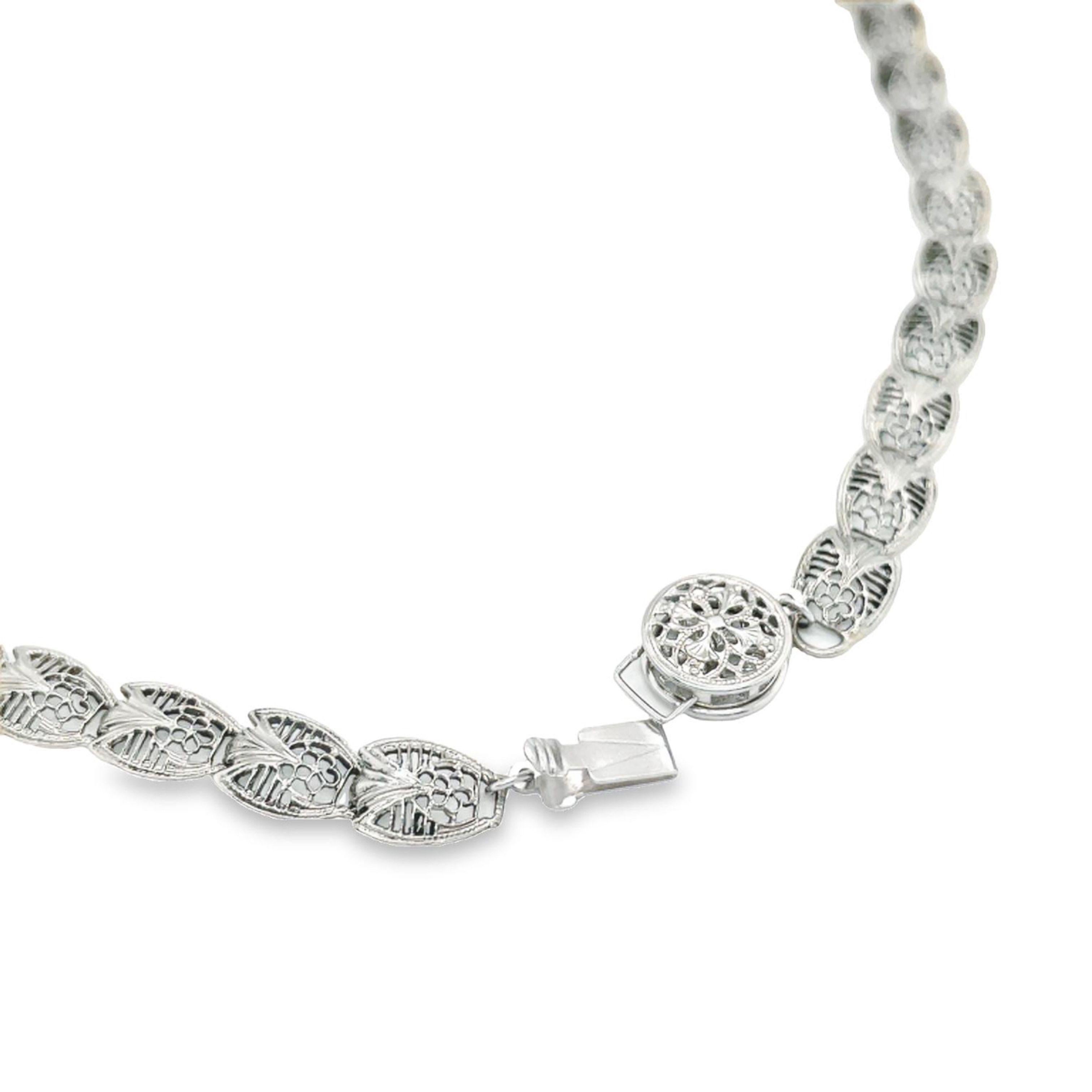 Art Deco Antique Diamond and Emerald 14K White Gold Filigree Necklace For Sale