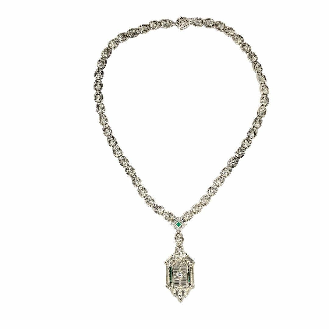 Old European Cut Antique Diamond and Emerald 14K White Gold Filigree Necklace For Sale