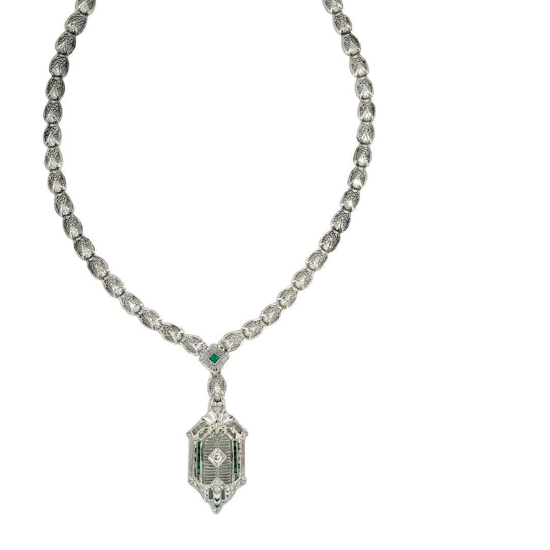 Antique Diamond and Emerald 14K White Gold Filigree Necklace In Excellent Condition For Sale In beverly hills, CA