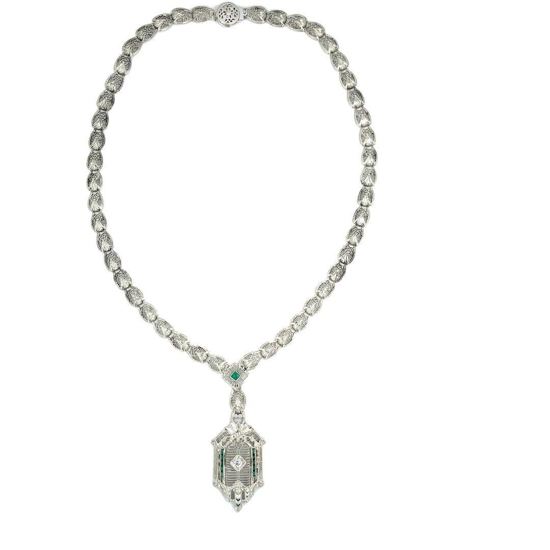 Women's Antique Diamond and Emerald 14K White Gold Filigree Necklace For Sale