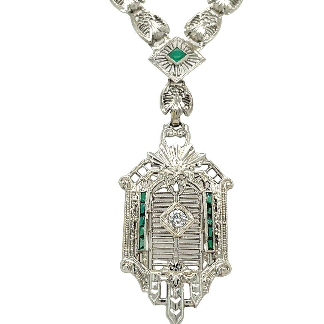 Antique Diamond and Emerald 14K White Gold Filigree Necklace For Sale 1