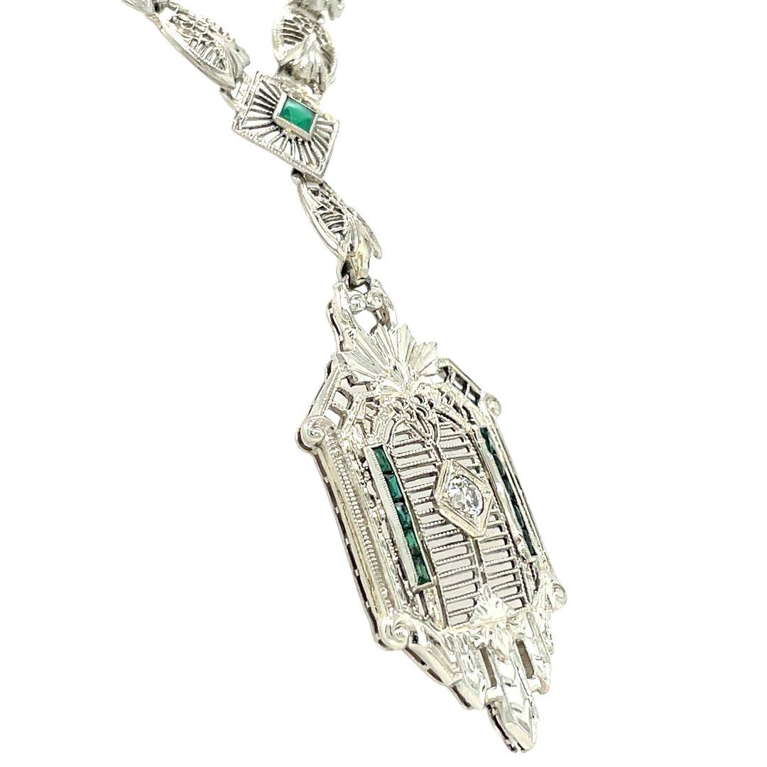 Antique Diamond and Emerald 14K White Gold Filigree Necklace For Sale 2