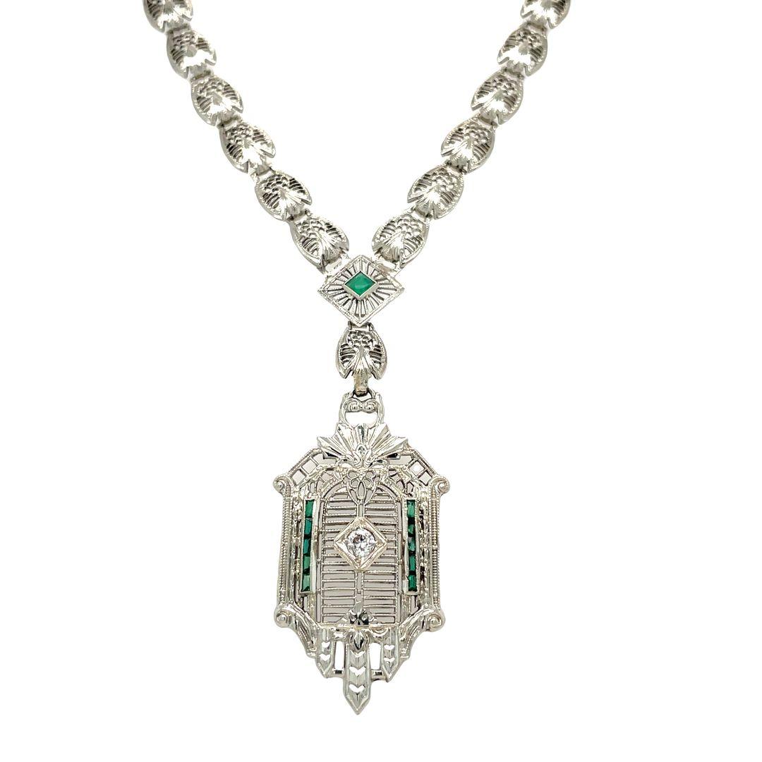 Antique Diamond and Emerald 14K White Gold Filigree Necklace For Sale 3