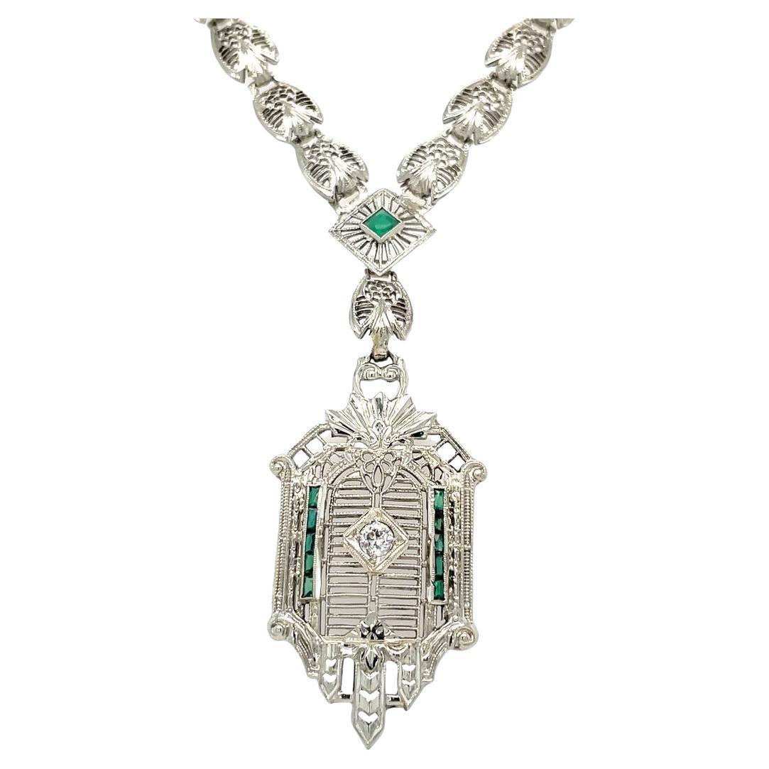Antique Diamond and Emerald 14K White Gold Filigree Necklace For Sale