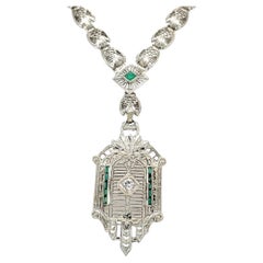 Antique Diamond and Emerald 14K White Gold Filigree Necklace