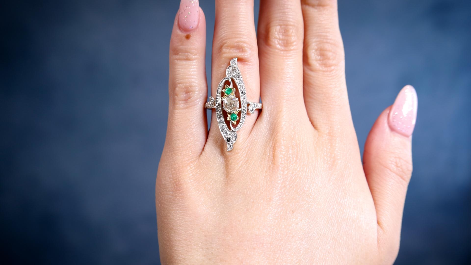 Old Mine Cut Antique Diamond and Emerald 18k Rose Gold Silver Navette Ring For Sale