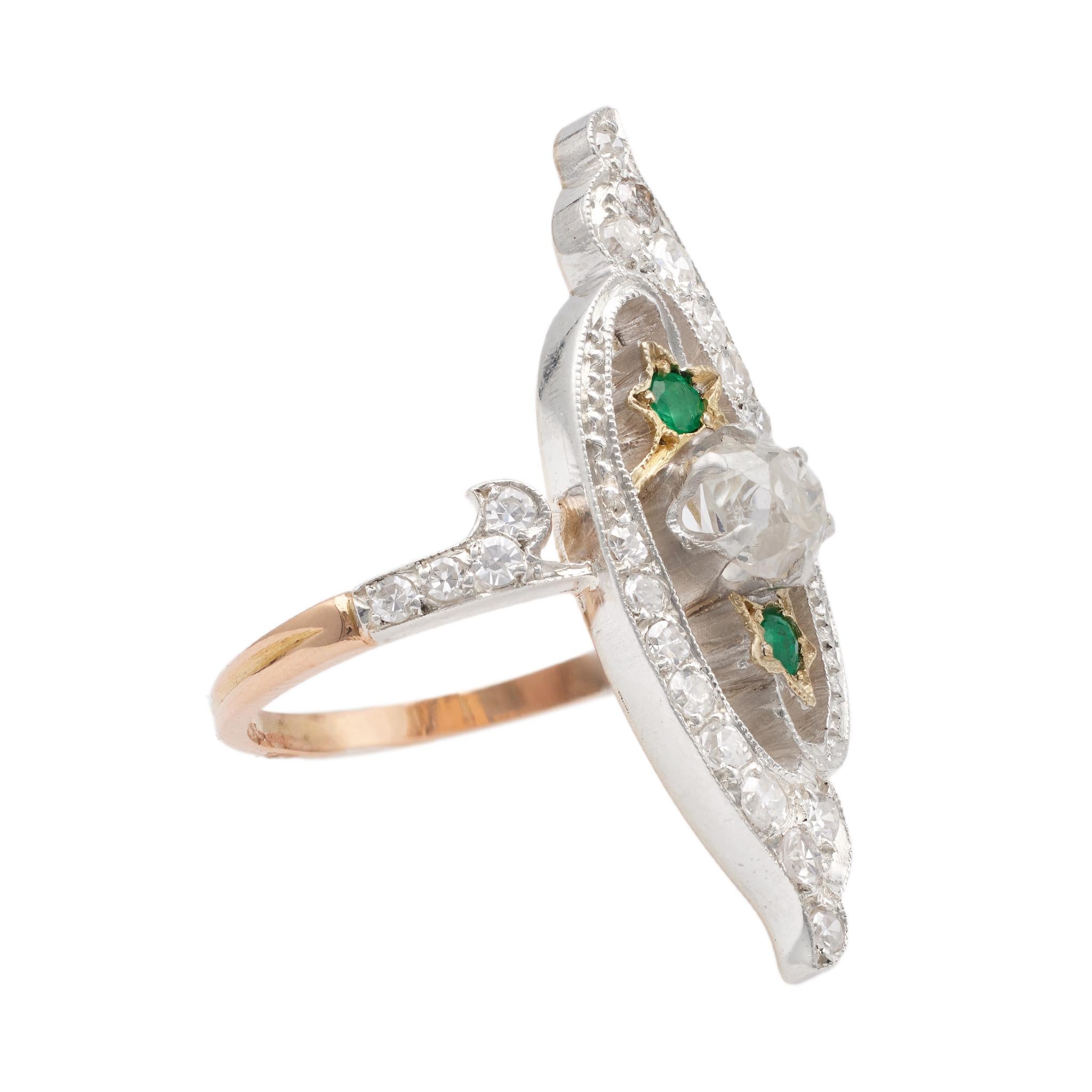 Women's Antique Diamond and Emerald 18k Rose Gold Silver Navette Ring For Sale