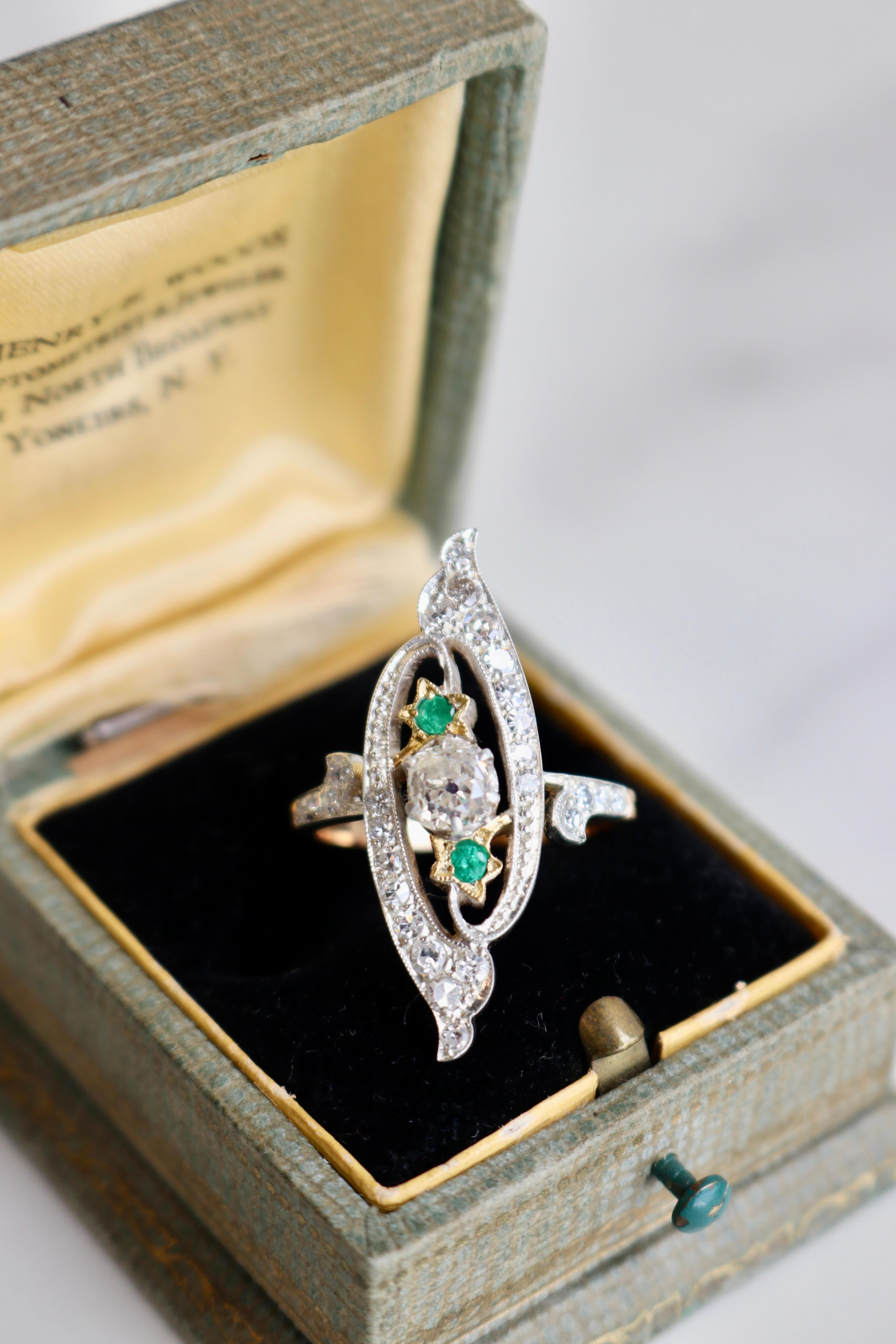 Antique Diamond and Emerald 18k Rose Gold Silver Navette Ring For Sale 1