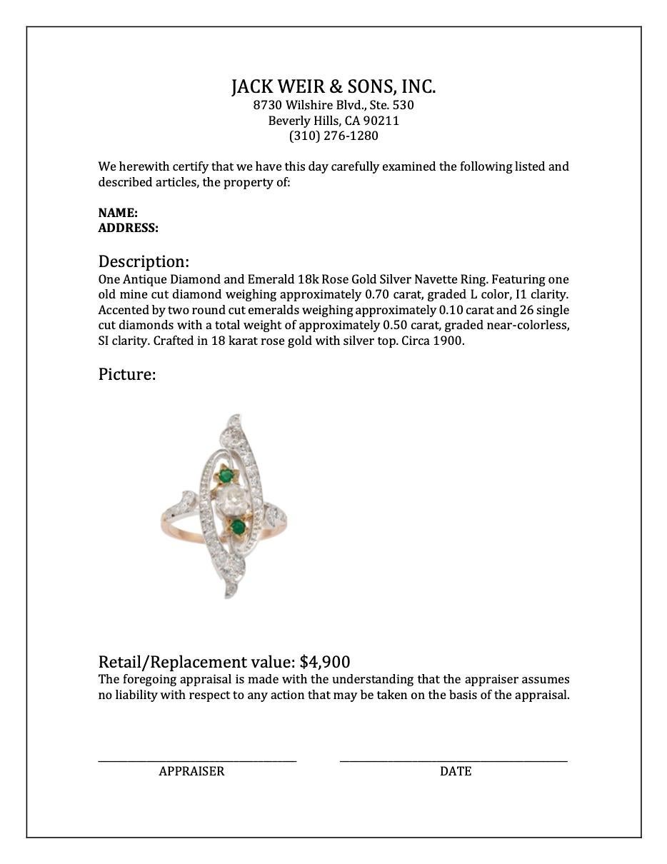 Antique Diamond and Emerald 18k Rose Gold Silver Navette Ring For Sale 2