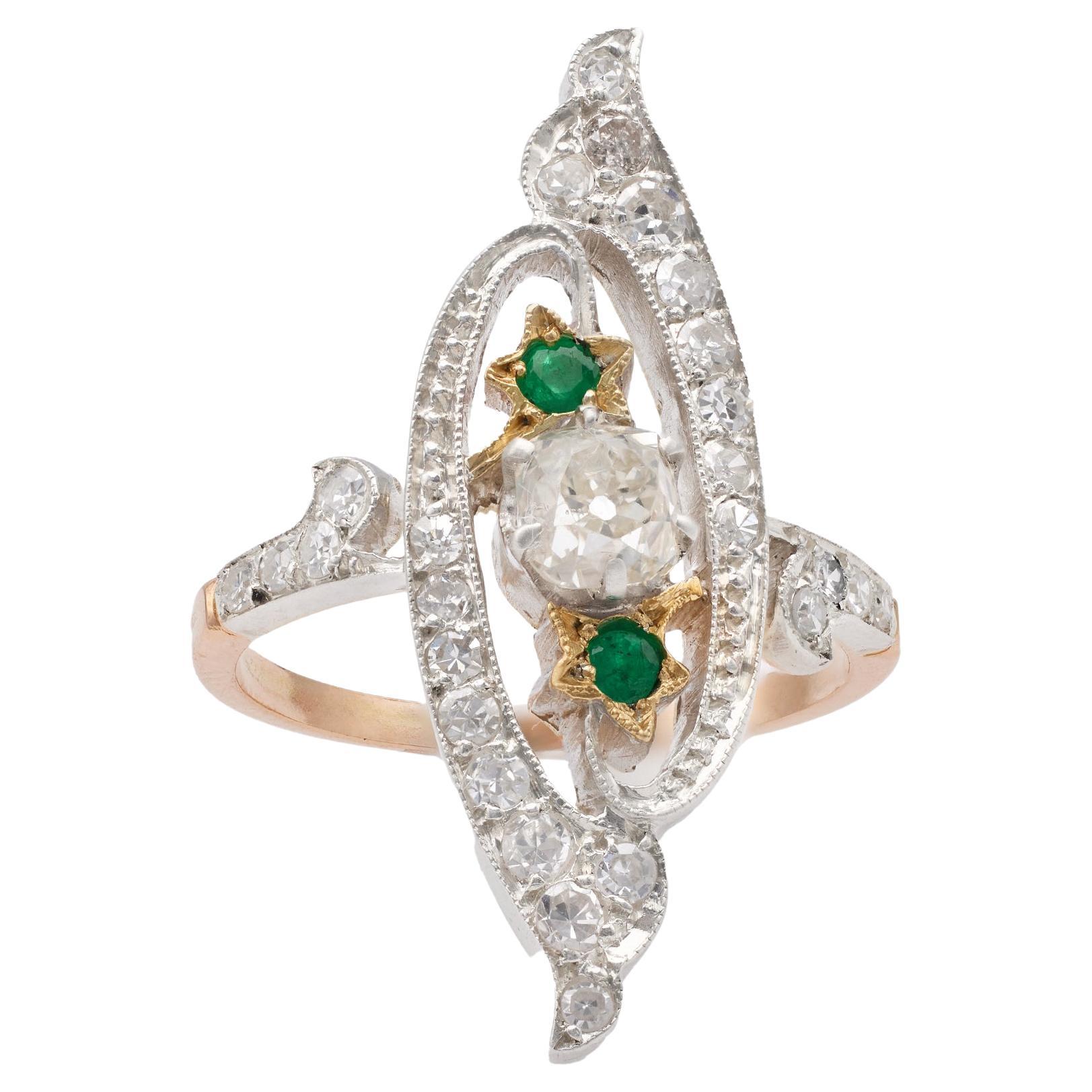 Antique Diamond and Emerald 18k Rose Gold Silver Navette Ring For Sale