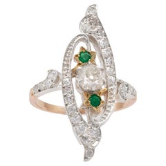 Antiker Navette-Ring, Diamant und Smaragd 18k Roségold Silber
