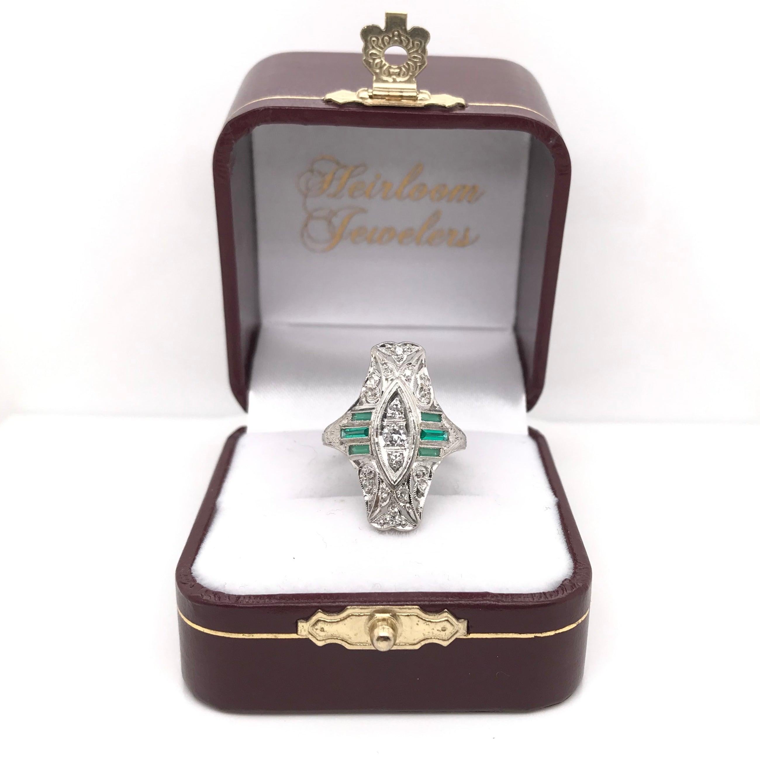 Antique Diamond and Emerald Filigree Dinner Ring For Sale 6
