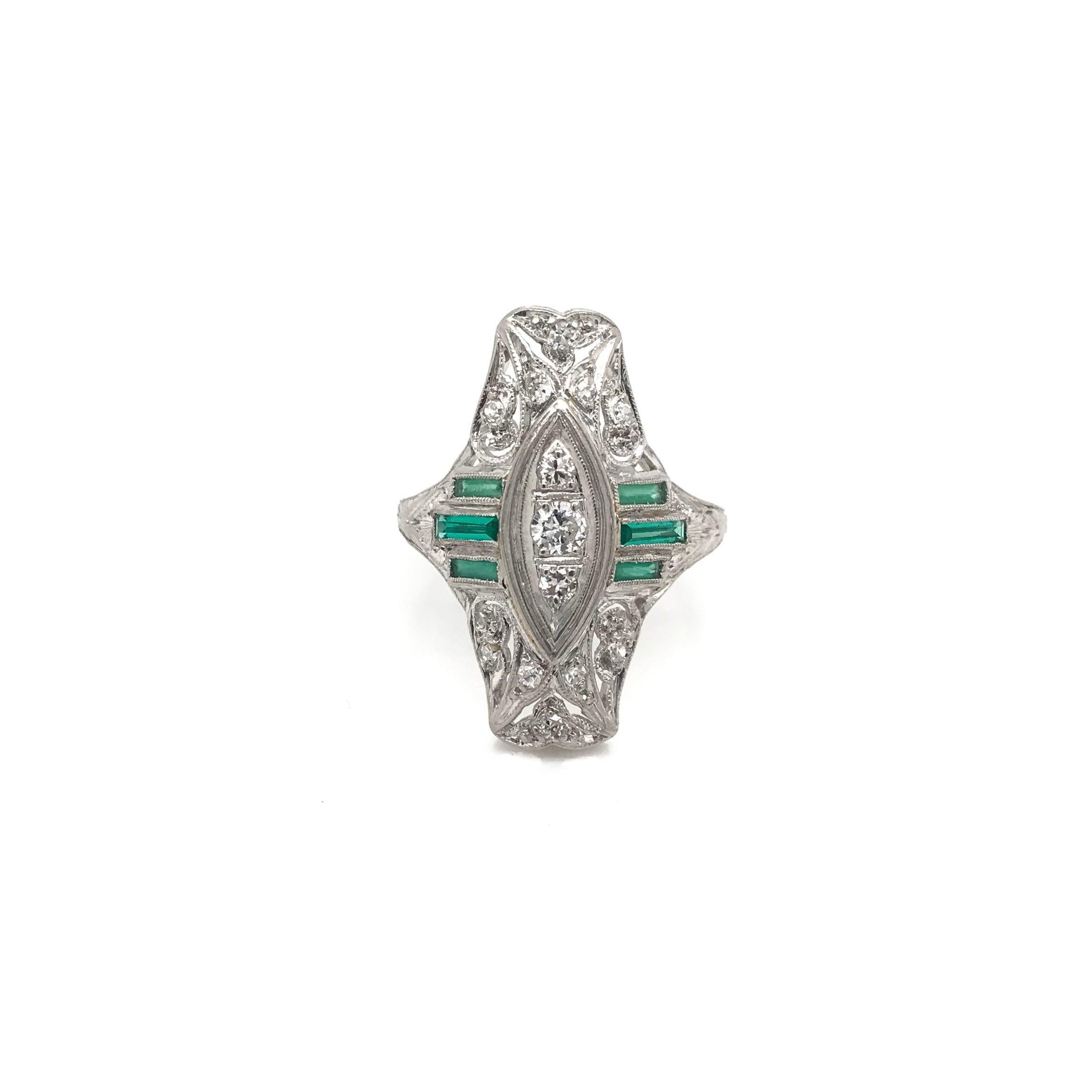 Old European Cut Antique Diamond and Emerald Filigree Dinner Ring For Sale