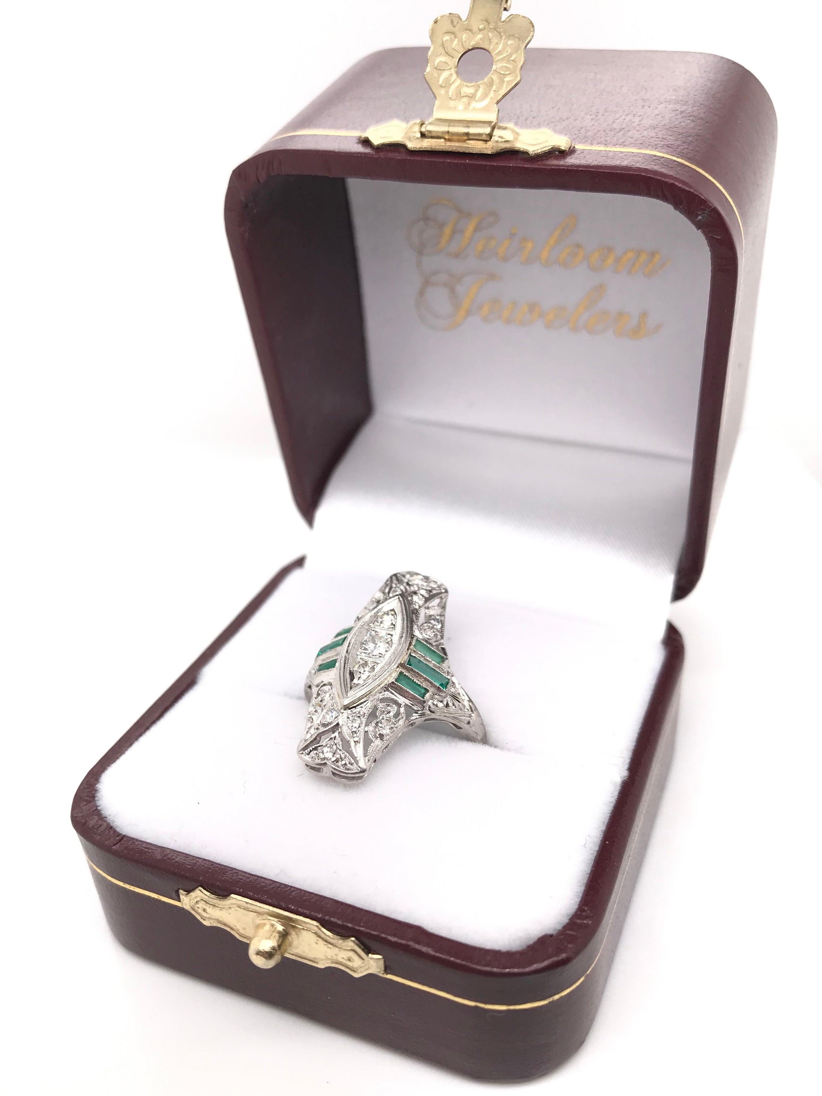 Antique Diamond and Emerald Filigree Dinner Ring For Sale 2