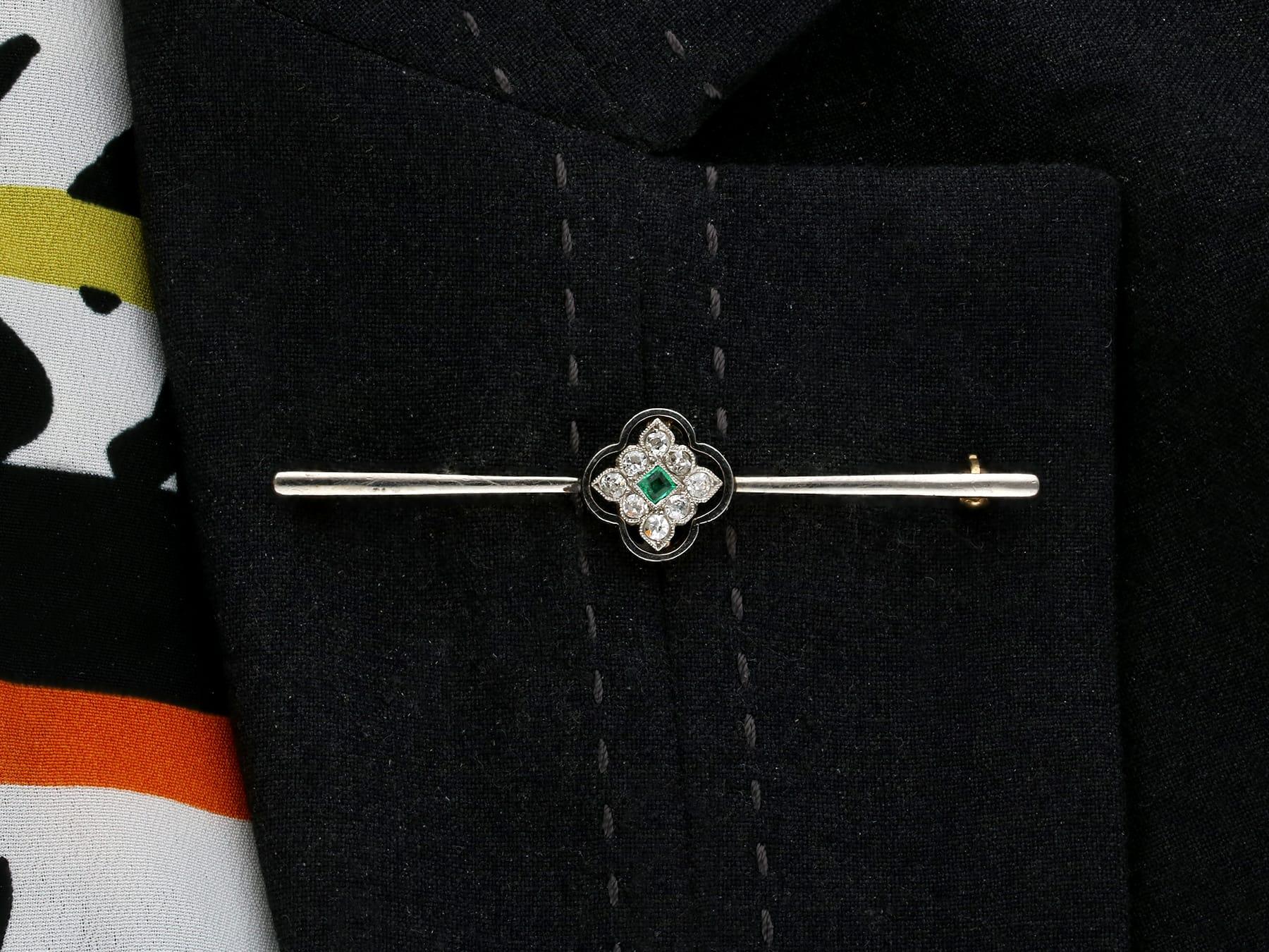 Antique Diamond and Emerald, Gold and Platinum Bar Brooch For Sale 5