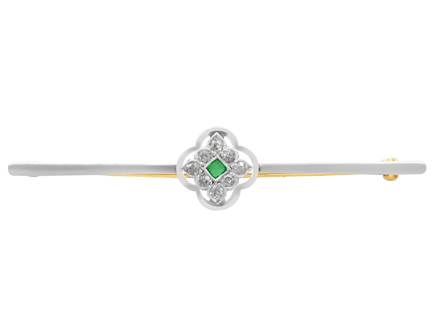 Emerald Cut Antique Diamond and Emerald, Gold and Platinum Bar Brooch For Sale
