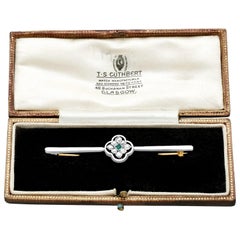 Antique Diamond and Emerald, Gold and Platinum Bar Brooch