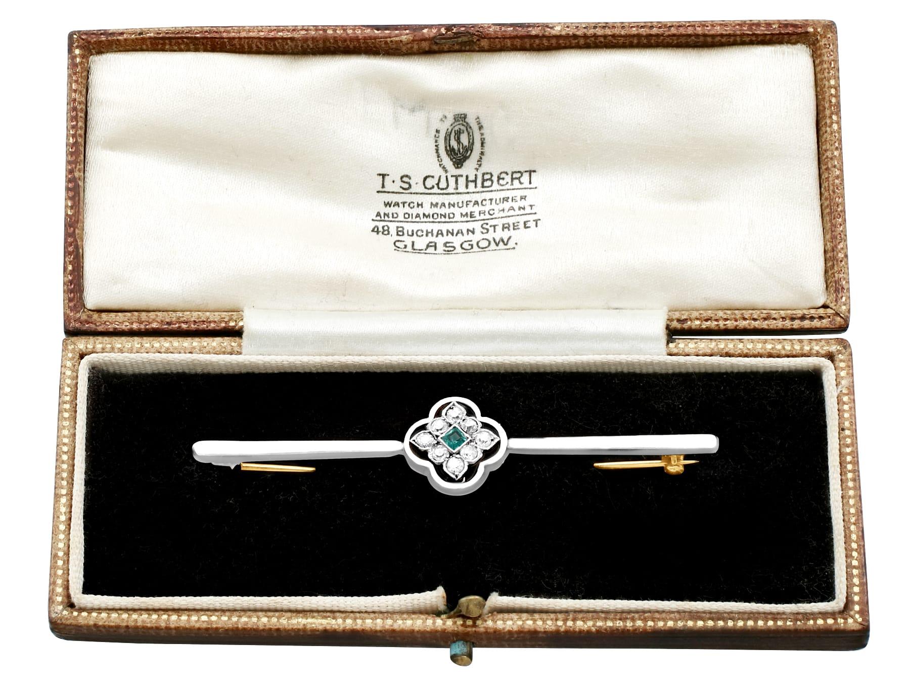 Antique Diamond and Emerald, Gold and Platinum Bar Brooch