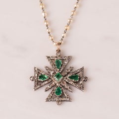 Antique Diamond and Emerald Maltese Cross on a Pearl and Platinum Chain