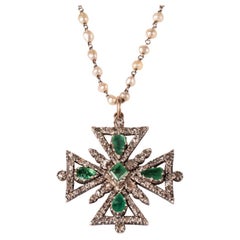 Antique Diamond and Emerald Maltese Cross on a Pearl and Platinum Chain