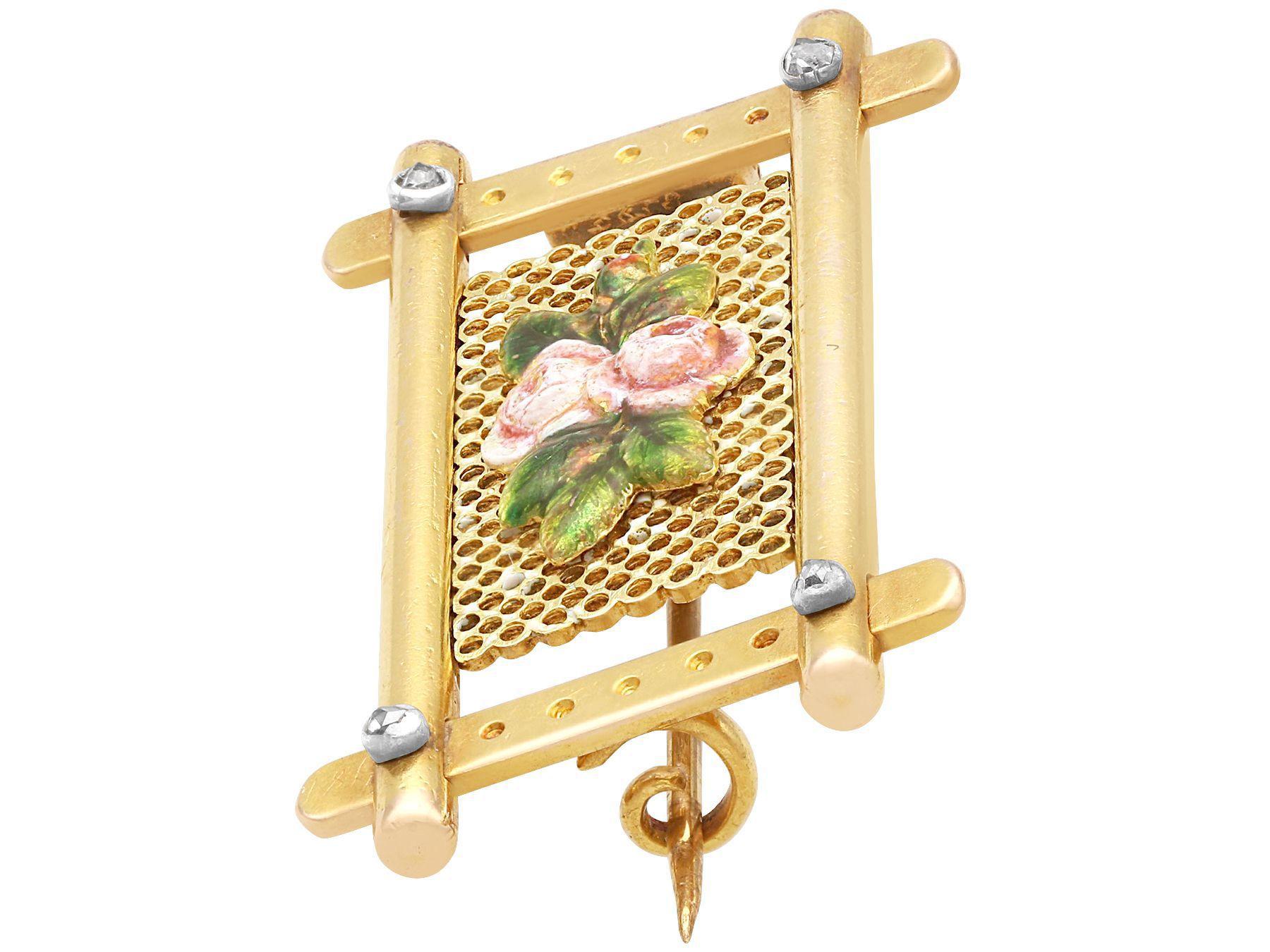Victorian Antique Diamond and Enamel 15K Yellow Gold Floral Gate Brooch For Sale