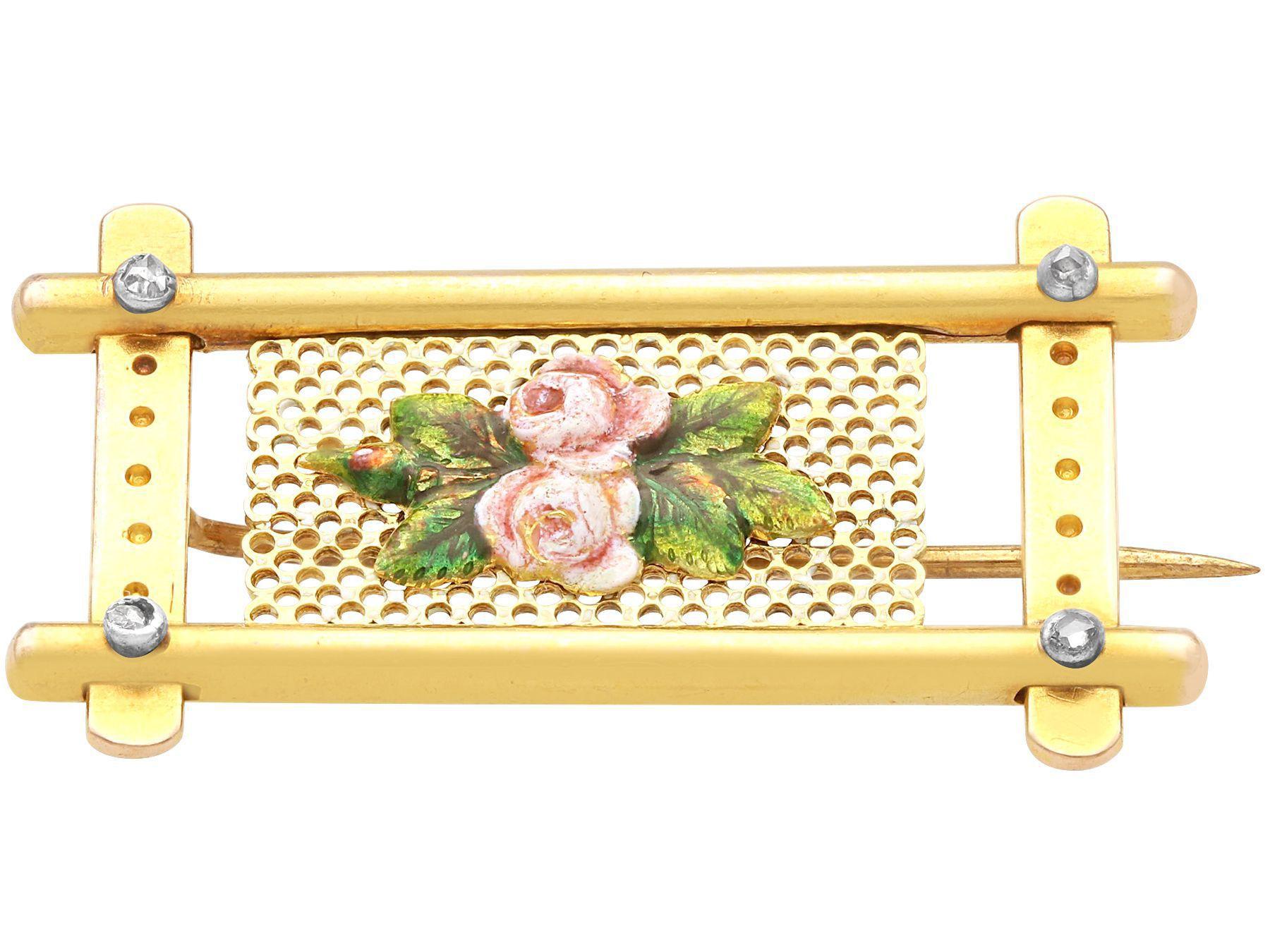 Round Cut Antique Diamond and Enamel 15K Yellow Gold Floral Gate Brooch For Sale