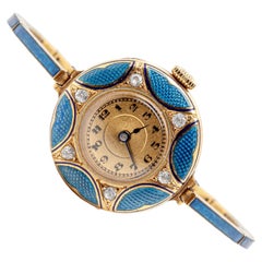 Antique Diamond and Enamel 18 Carat Yellow Gold Art Deco Round Wristwatch