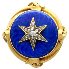 Antique Diamond and Enamel 18k Yellow Gold Brooch, Circa 1880