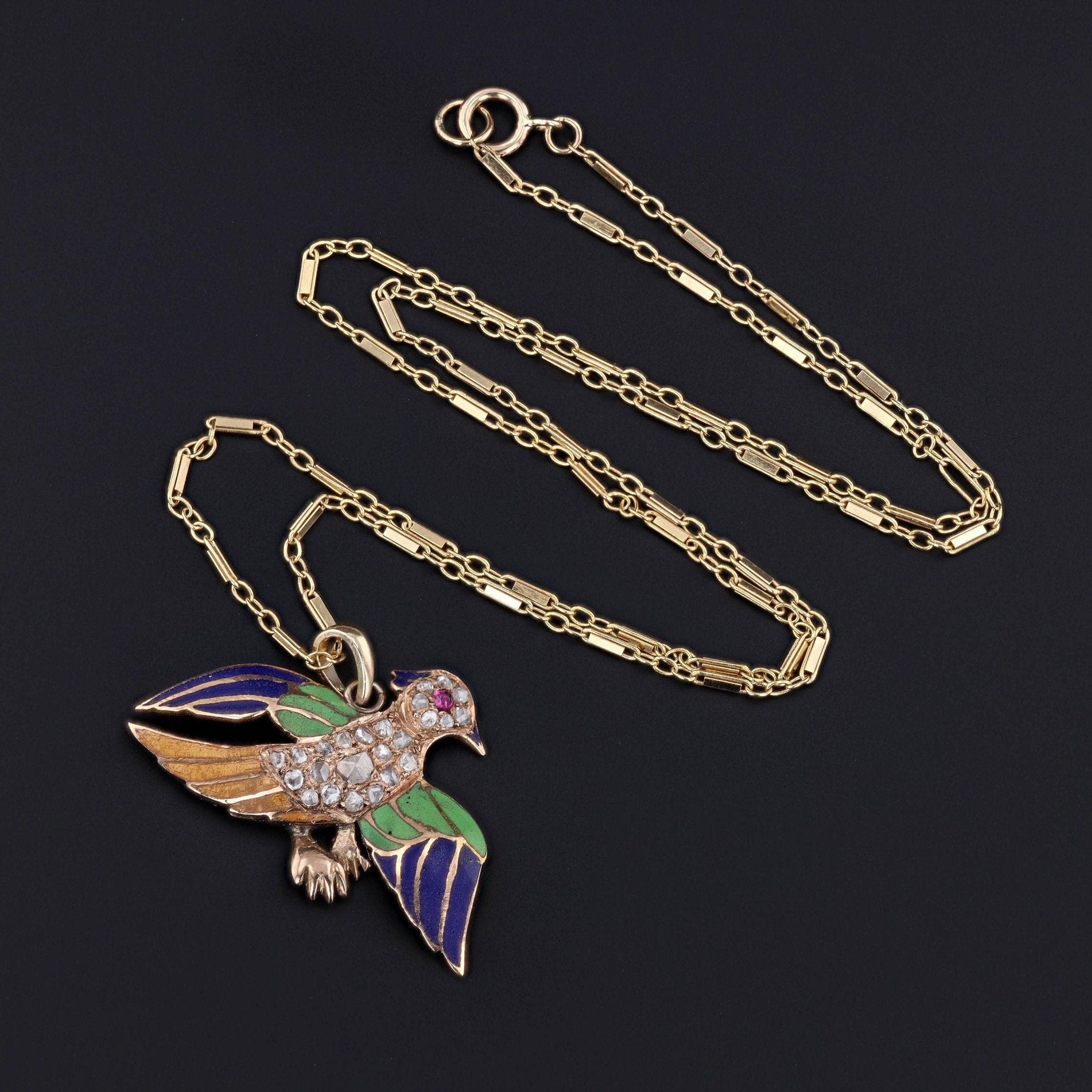 Taille rose Pendentif ancien en or 14k avec diamant et oiseau en émail en vente