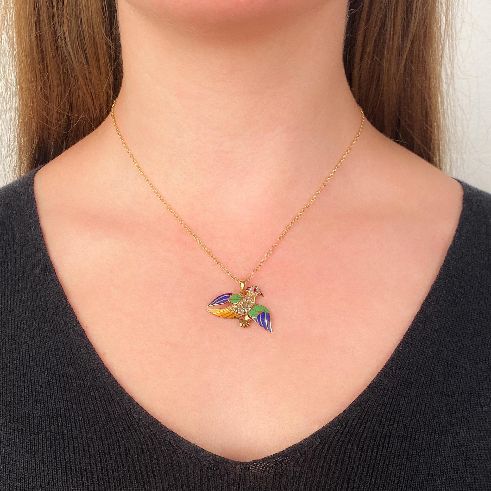 Antiker Diamant- und Emaille-Vogel-Anhänger aus 14k Gold (Rosenschliff) im Angebot
