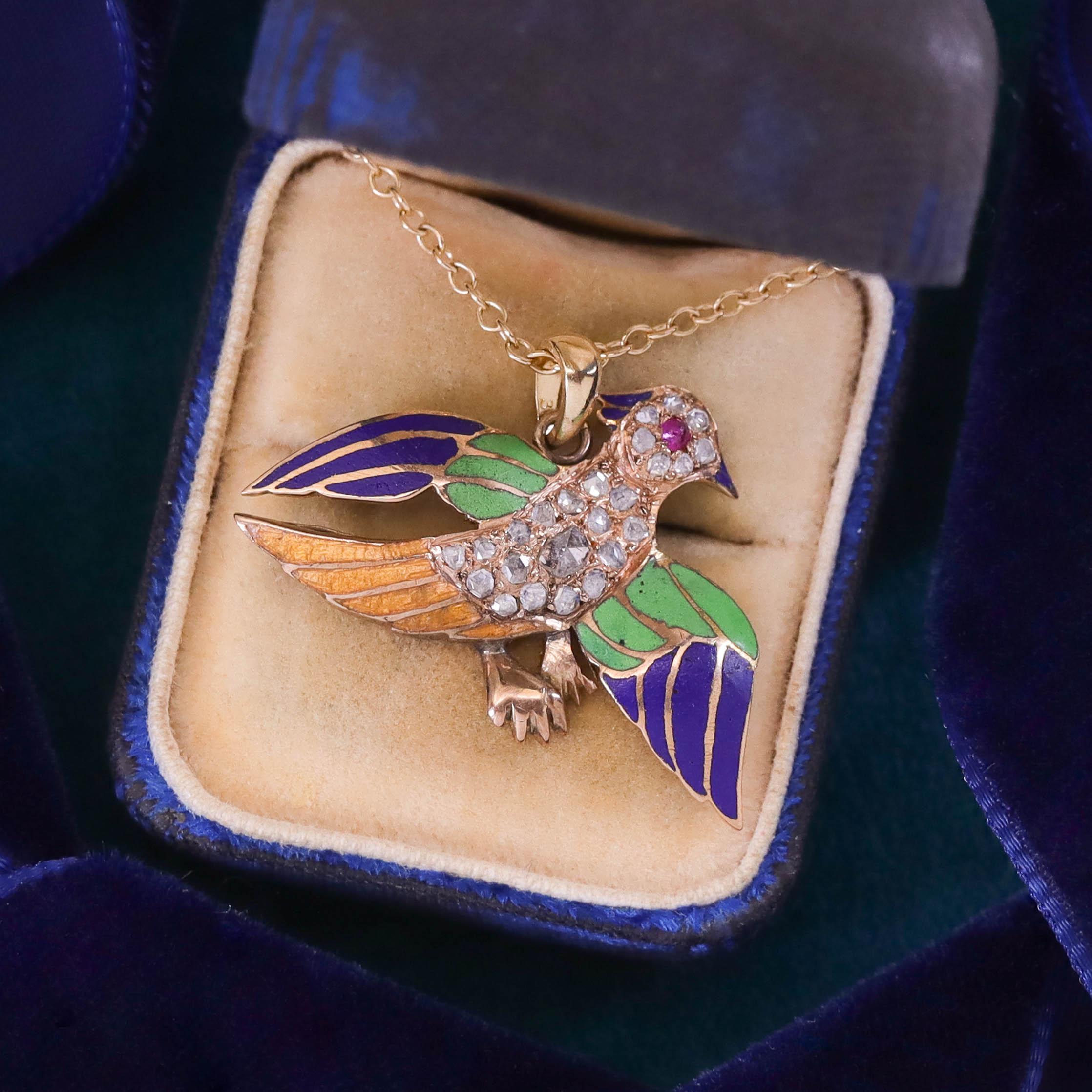 Antiker Diamant- und Emaille-Vogel-Anhänger aus 14k Gold im Zustand „Gut“ im Angebot in Lewisburg, PA