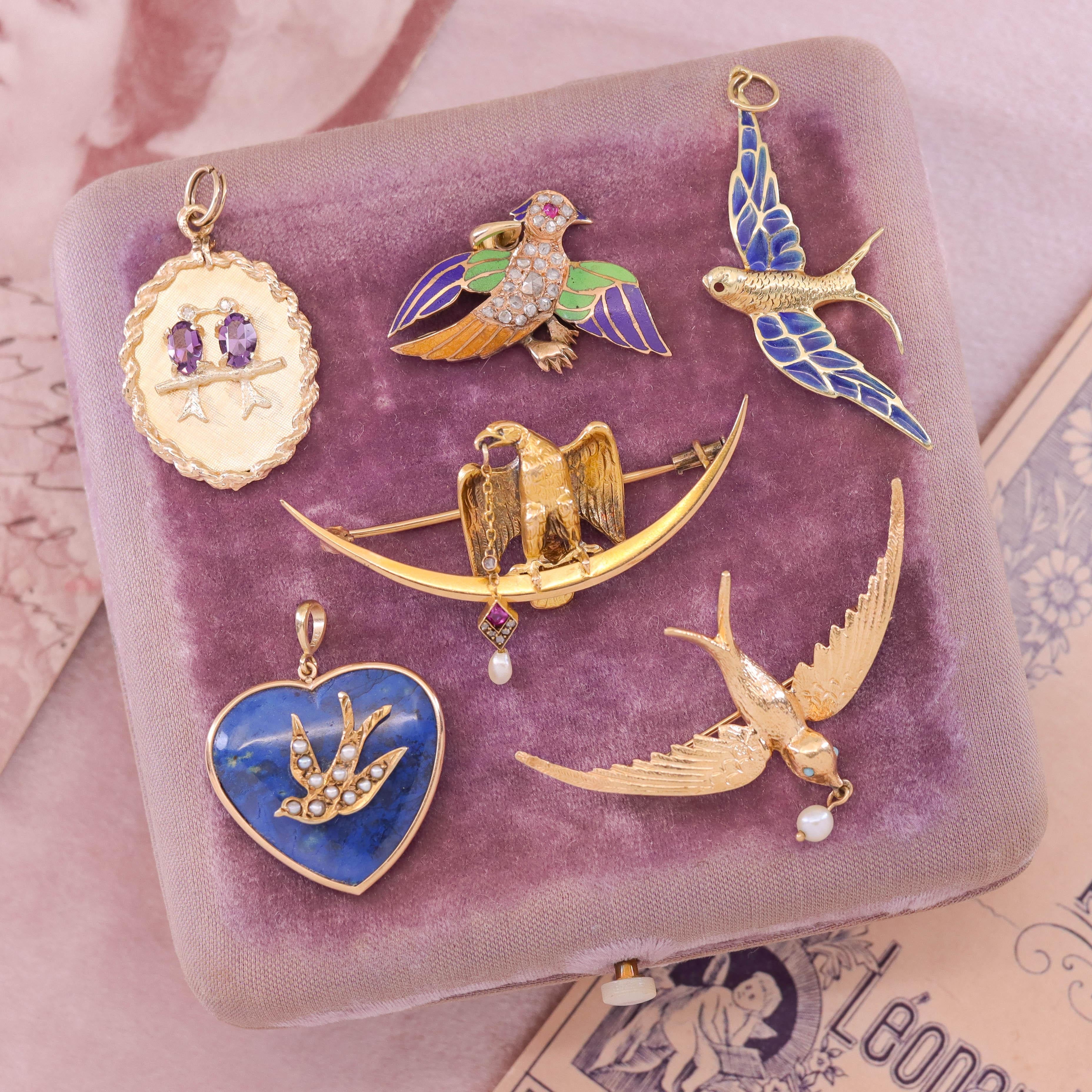 Antiker Diamant- und Emaille-Vogel-Anhänger aus 14k Gold Damen im Angebot