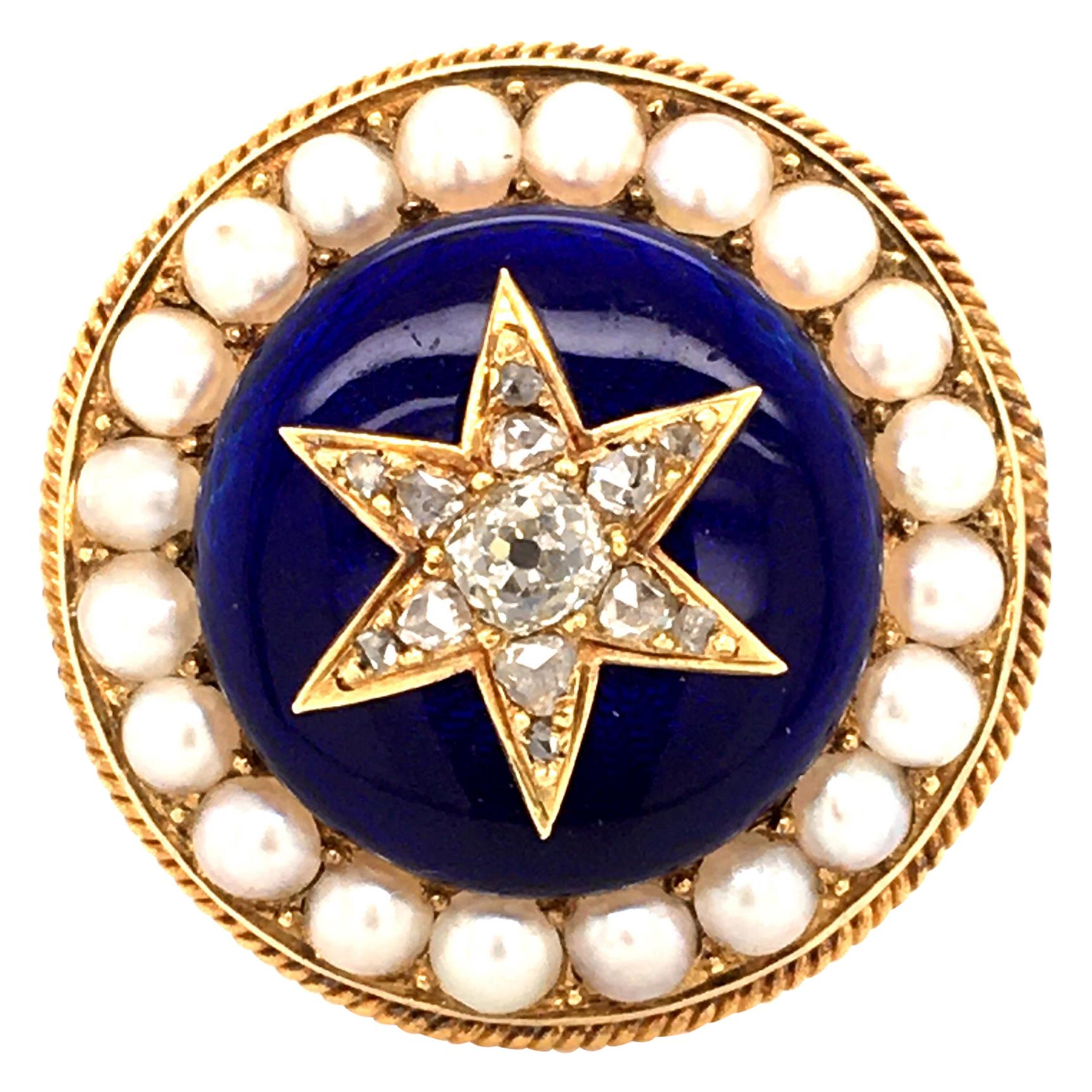Antique Diamond and Enamel Brooch with Half-Pearls in 14 Karat Yellow Gold