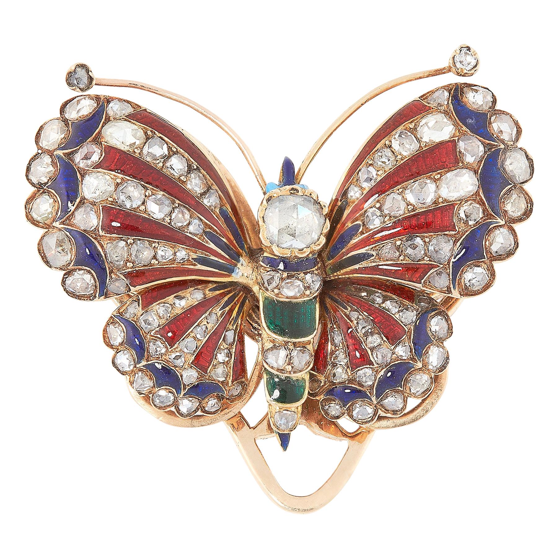 Antique Diamond and Enamel Butterfly Clip Brooch For Sale