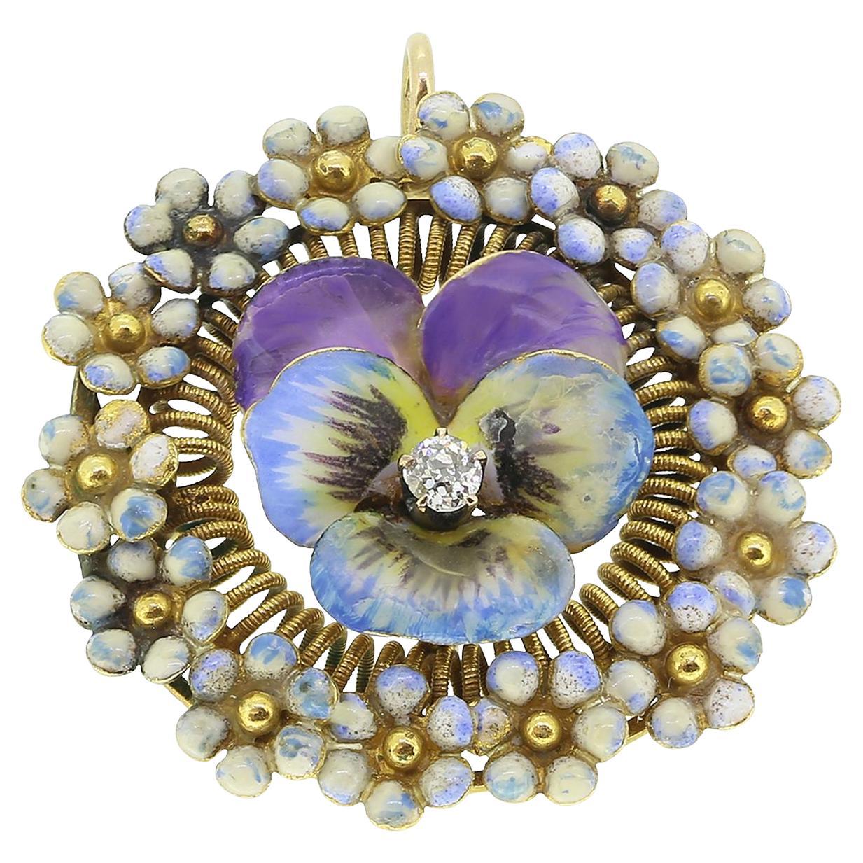 Antique Diamond and Enamel Floral Pendant