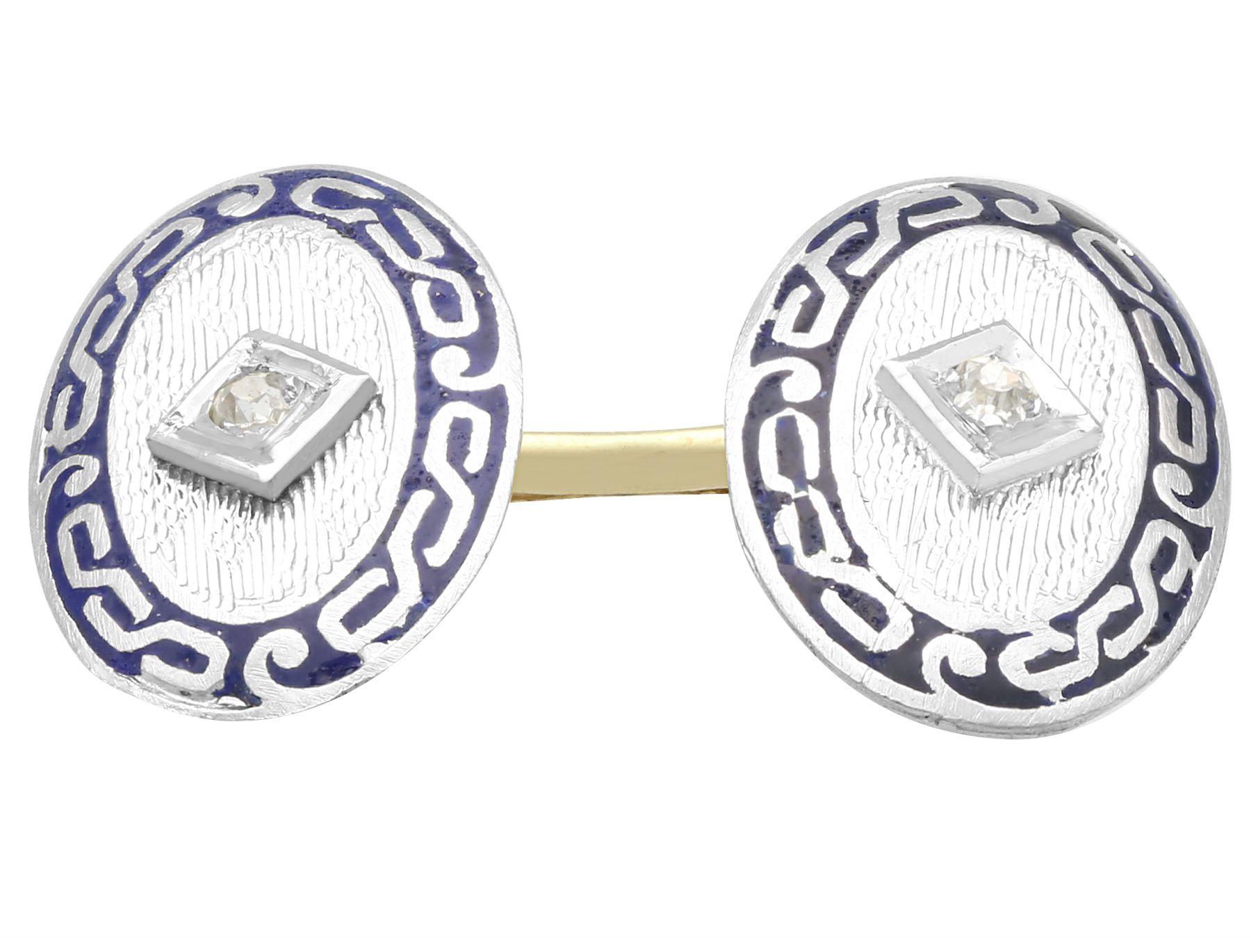 A fine and impressive pair of antique 0.12 carat diamond and blue enamel, 14k yellow gold, platinum set cufflinks; part of our diverse antique jewelry and estate jewelry collections

This impressive pair of cufflinks has been crafted in 14k yellow