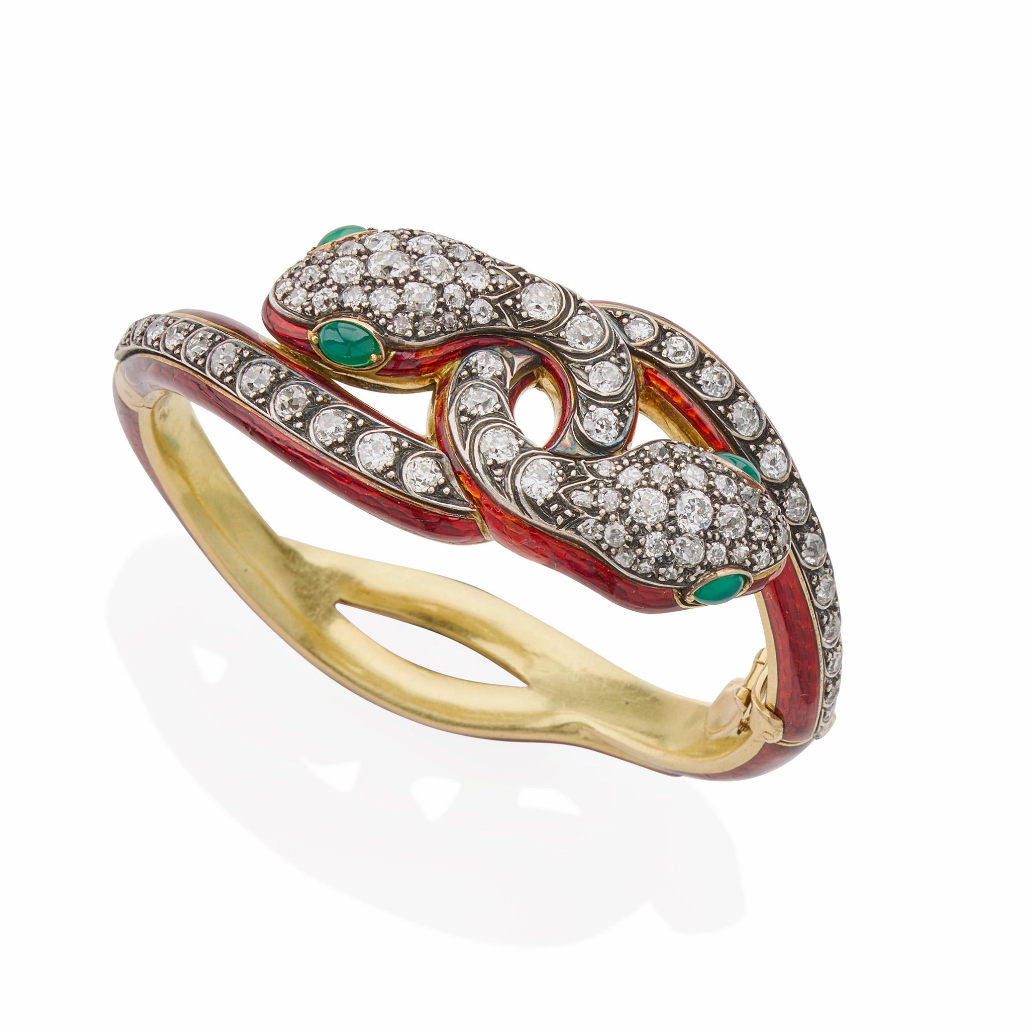 Bracciale a serpente antico con diamanti e smalto In condizioni ottime in vendita a New York, NY
