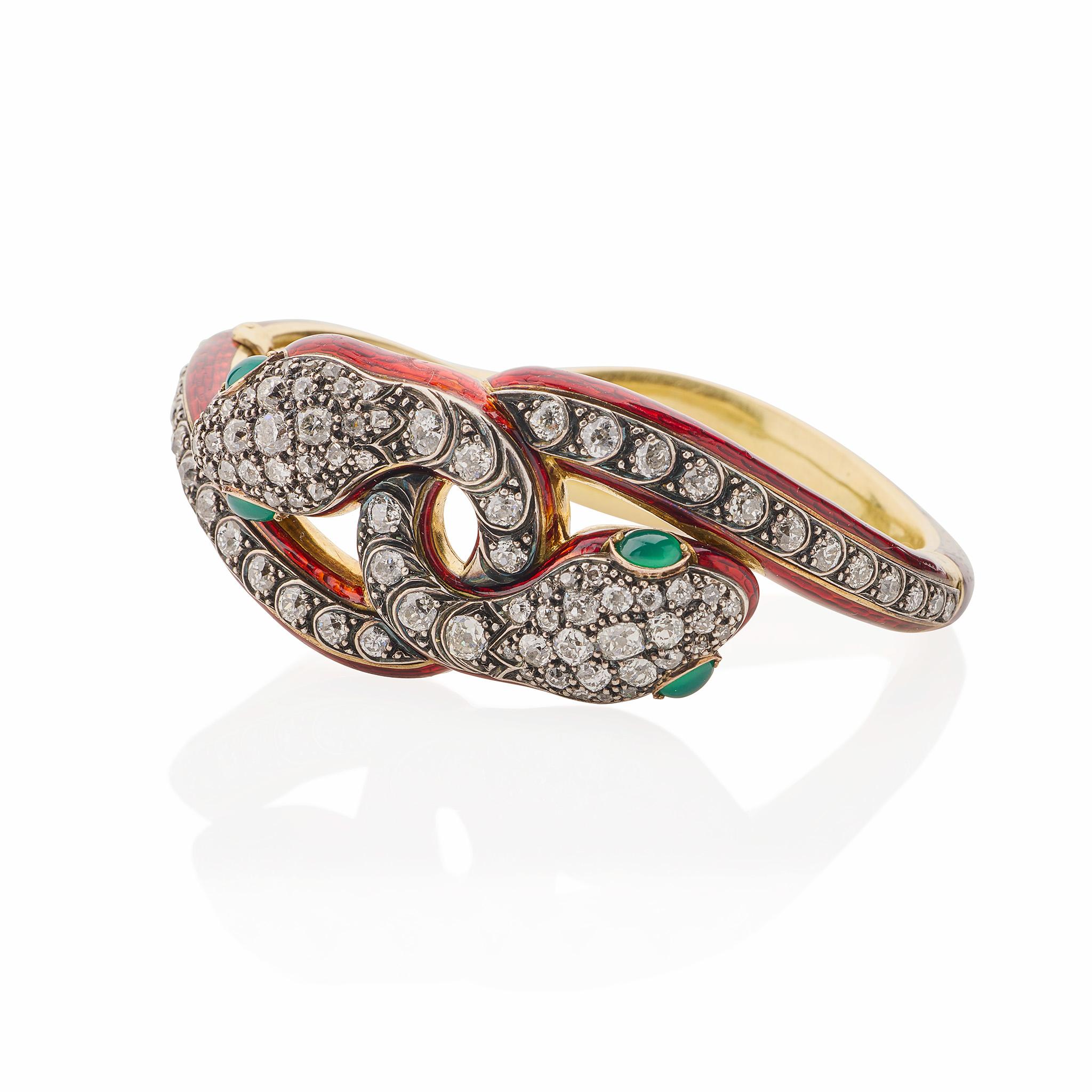 da uomo o donna Bracciale a serpente antico con diamanti e smalto in vendita