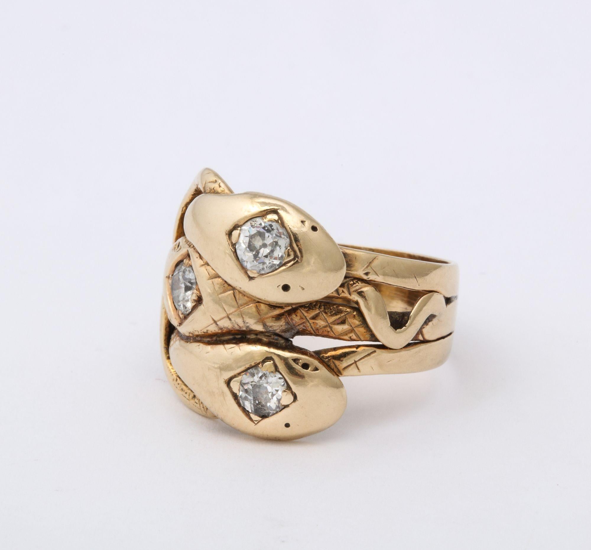 Antique Diamond and Gold Three Headed Snake Ring In Good Condition In New York, NY