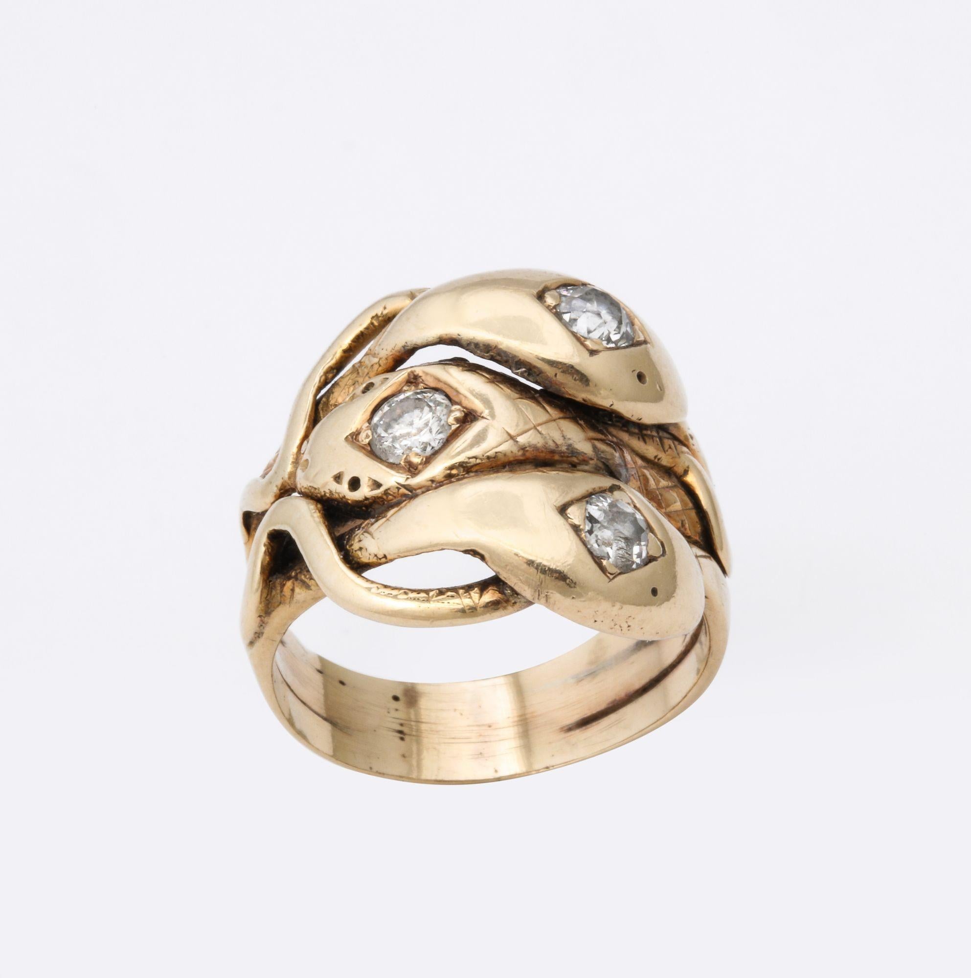 Women's Antique Diamond and Gold Three Headed Snake Ring
