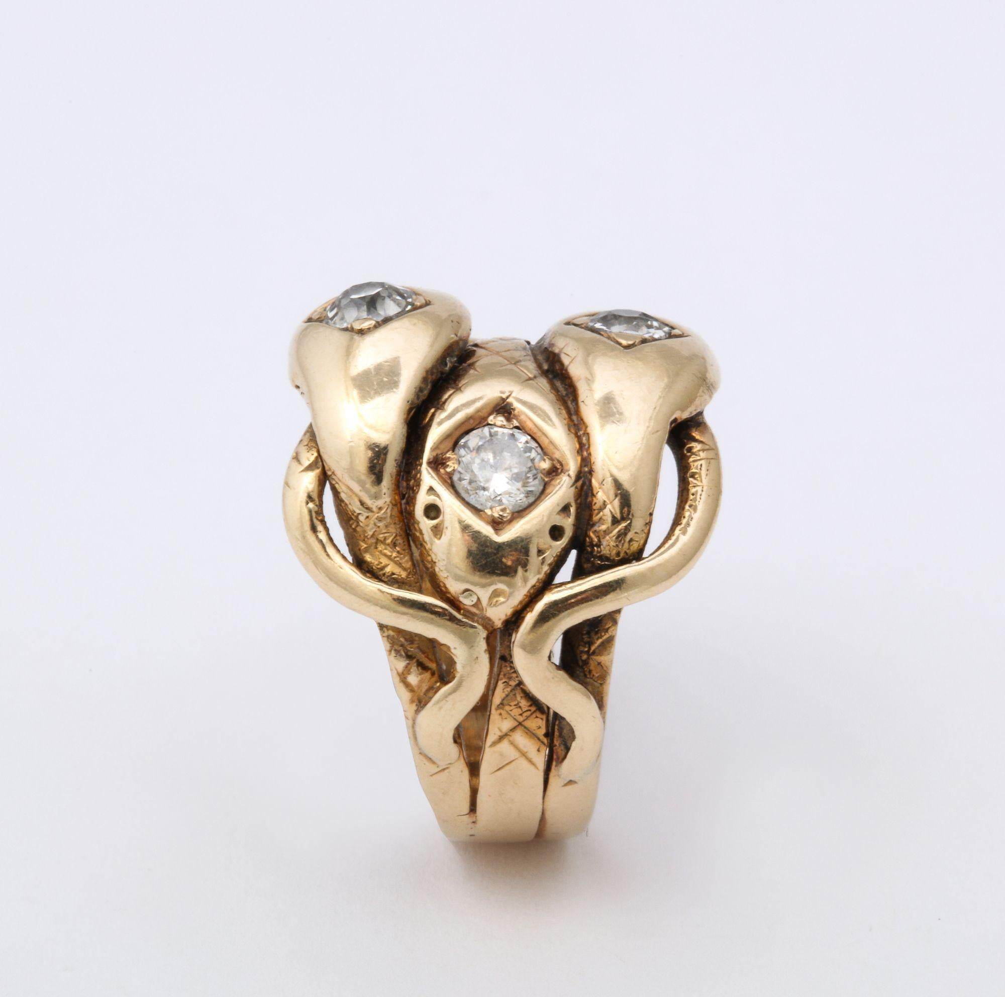 Antique Diamond and Gold Three Headed Snake Ring 1