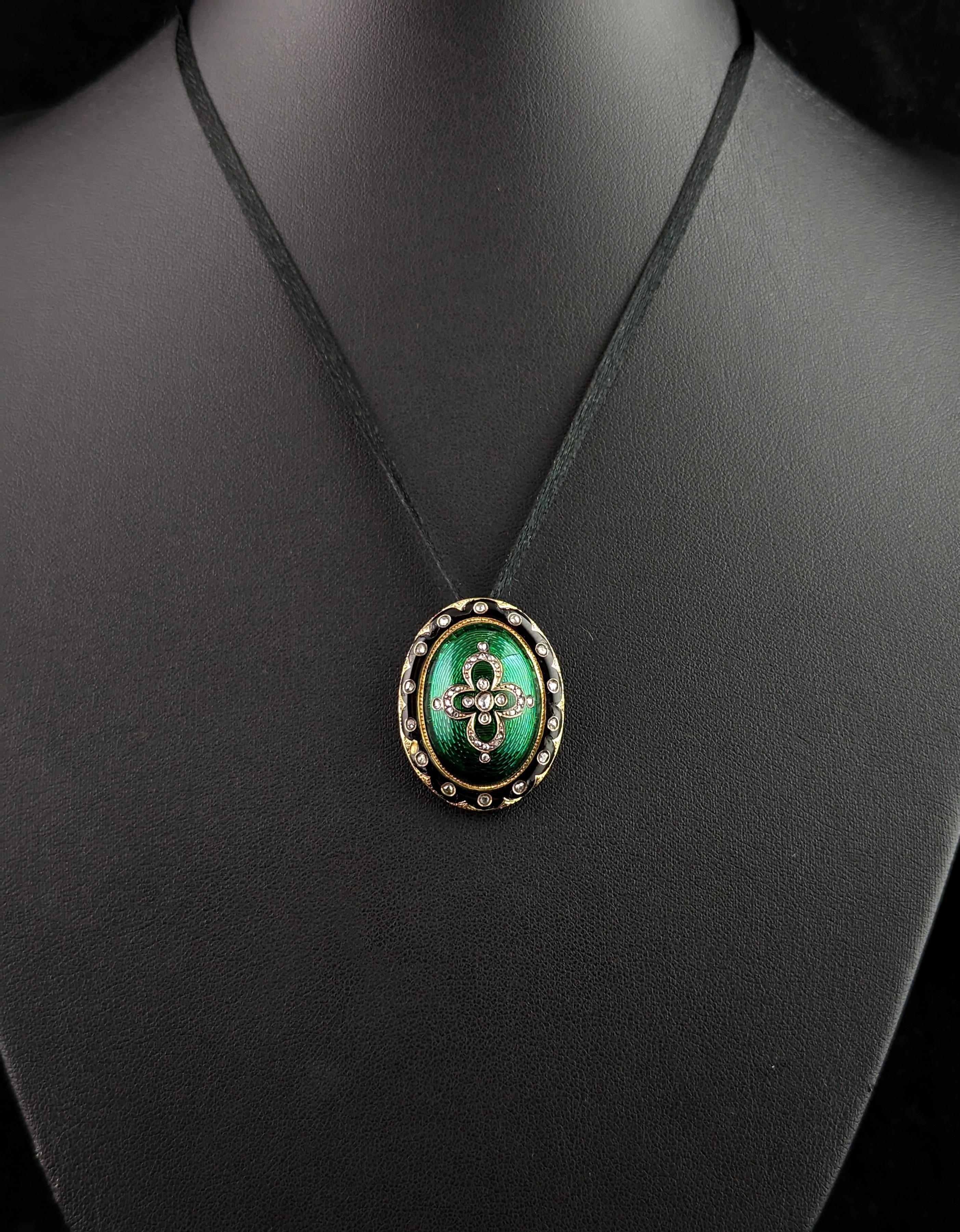 Rose Cut Antique Diamond and green guilloche enamel pendant, Victorian  For Sale