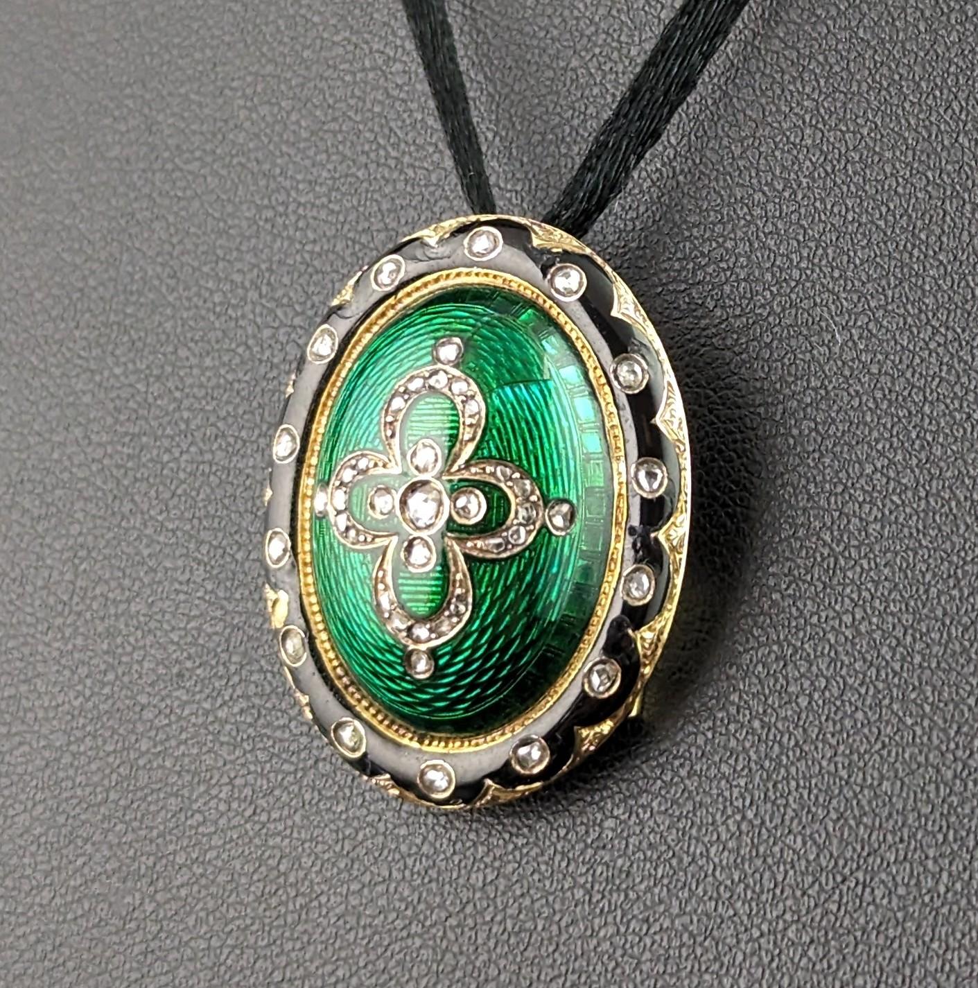 Women's Antique Diamond and green guilloche enamel pendant, Victorian  For Sale