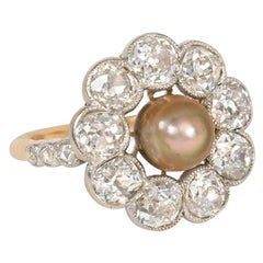 Antique Old Mine Cut Diamond and Grey Pearl Cluster Ring in Gold and Platinum