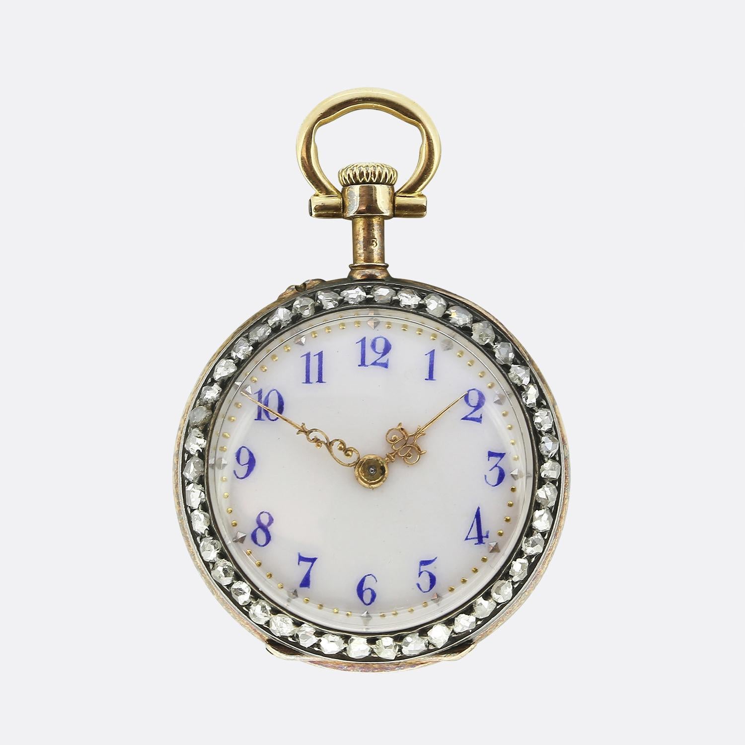 Here we have a gorgeous Victorian pocket watch. The watch features a striking guilloché green enamelled case adorned with intricate gold detailing. At its centre, a bright white old European cut diamond is set, surrounded by further delicate gold