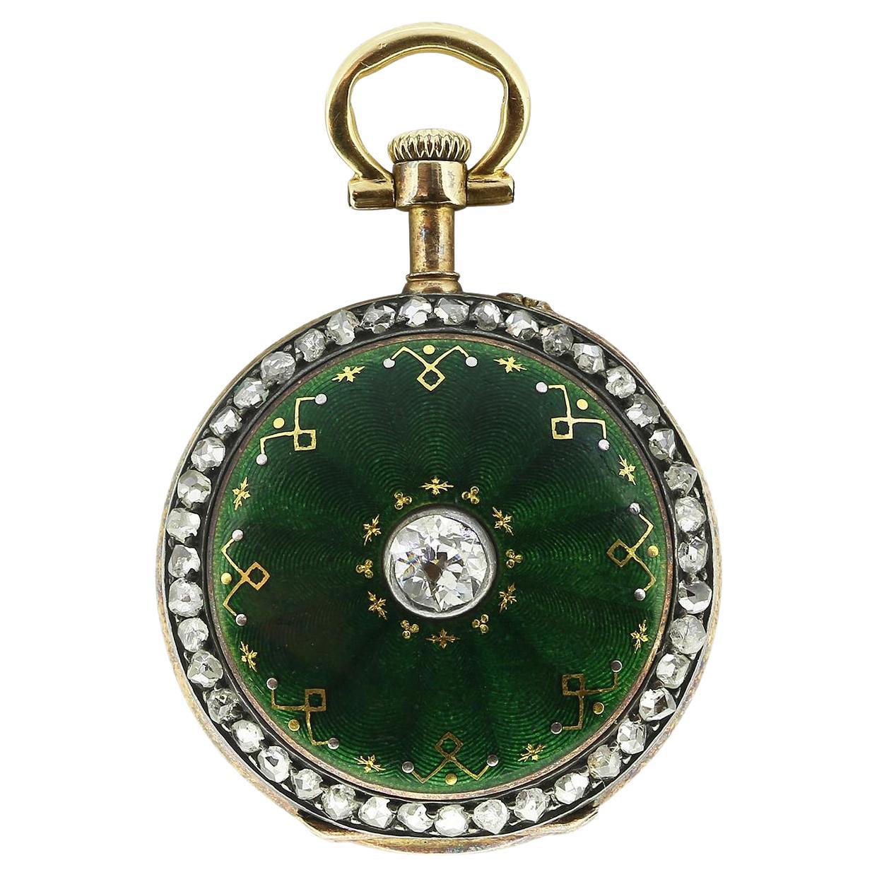 Pendentif porte-montre ancien en émail guilloché et diamants