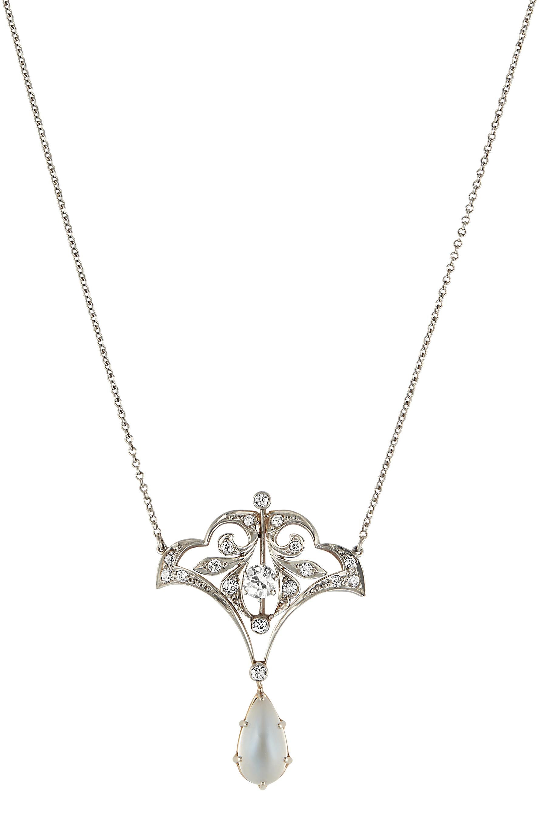 A stunning antique piece of jewelry is the best way to add a unique flair to a jewelry collection. This piece uses the unique look of Moonstone and brilliance of diamonds to stand out in a crowd. This piece is deserving of attention without