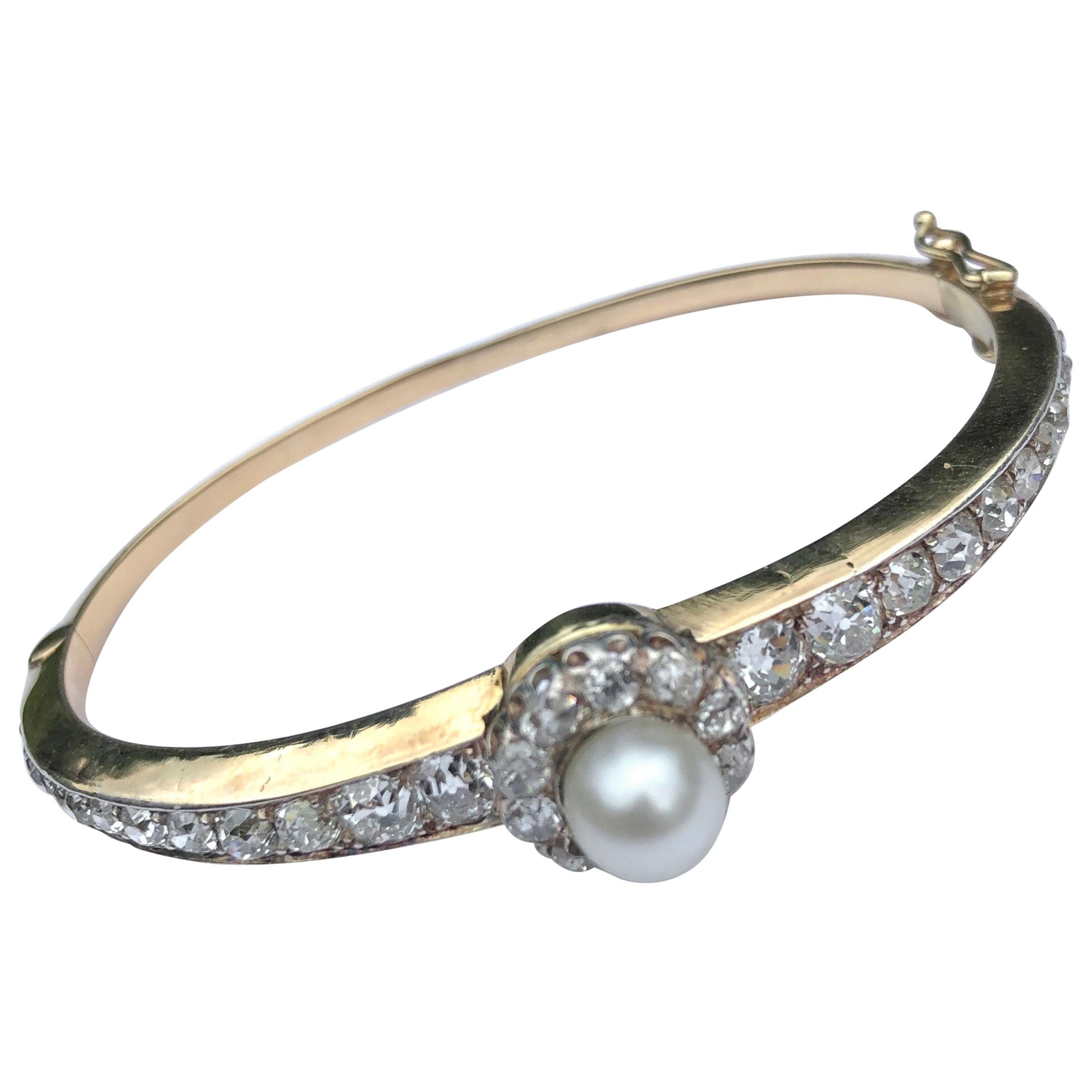 Antique Diamond and Natural Pearl 18 Carat Gold Bangle For Sale
